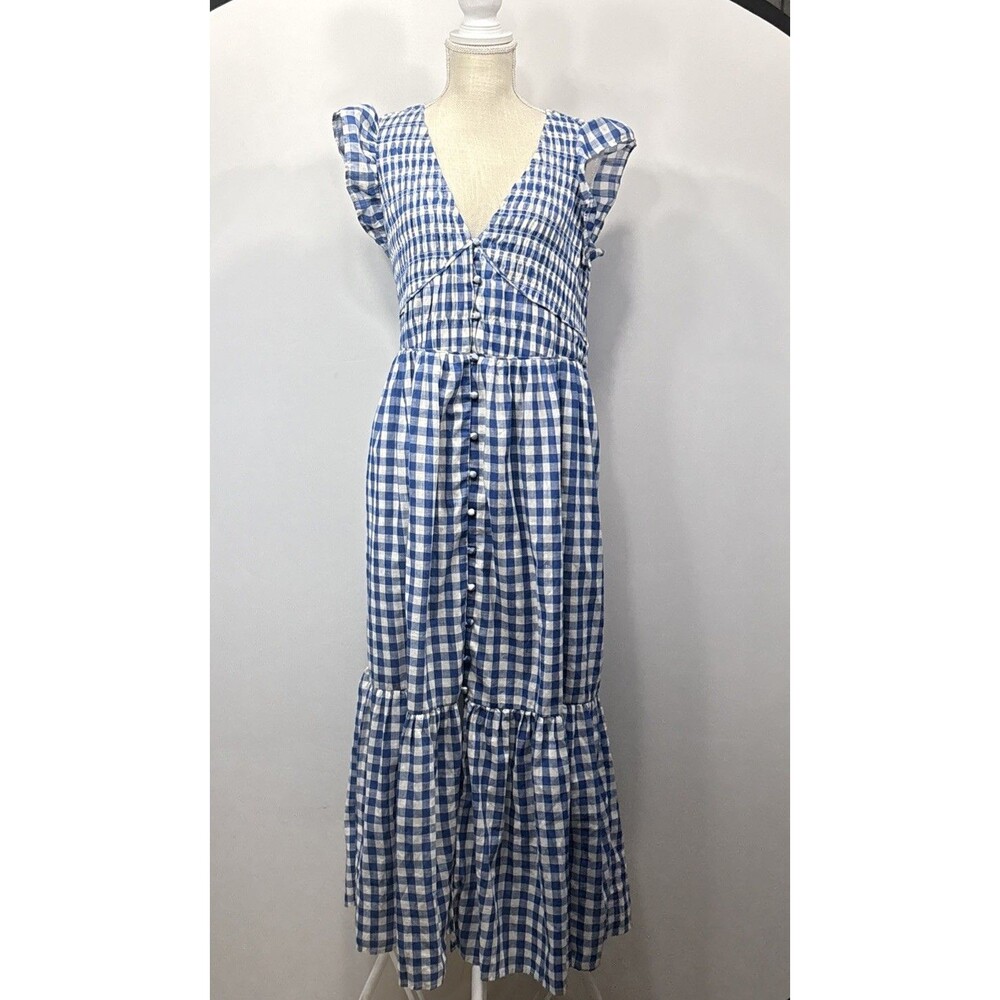 Anthropologie Pedegrine Midi Dress 1X Indigo Gingham Smocked Tiered Cottagecore
